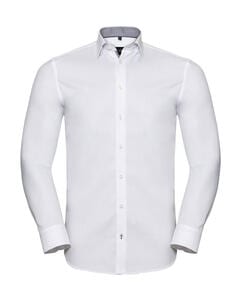 Russell Collection 0R964M0 - Tailored Contrast Herringbone Shirt LS White/Silver/Convoy Grey